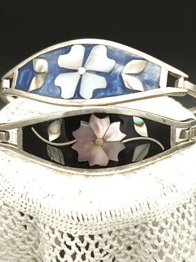 Vintage Alpaca Mexico Floral Abalone Shell Inlay Hinged Lot of 2 Bangle Bracelet